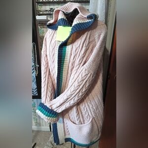 Hooded Cable Knit Pink Sweater with Multicolor Trim By Simply Couture Medium